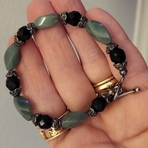 Sterling Onyx And Jade Gemstone Toggle Bracelet